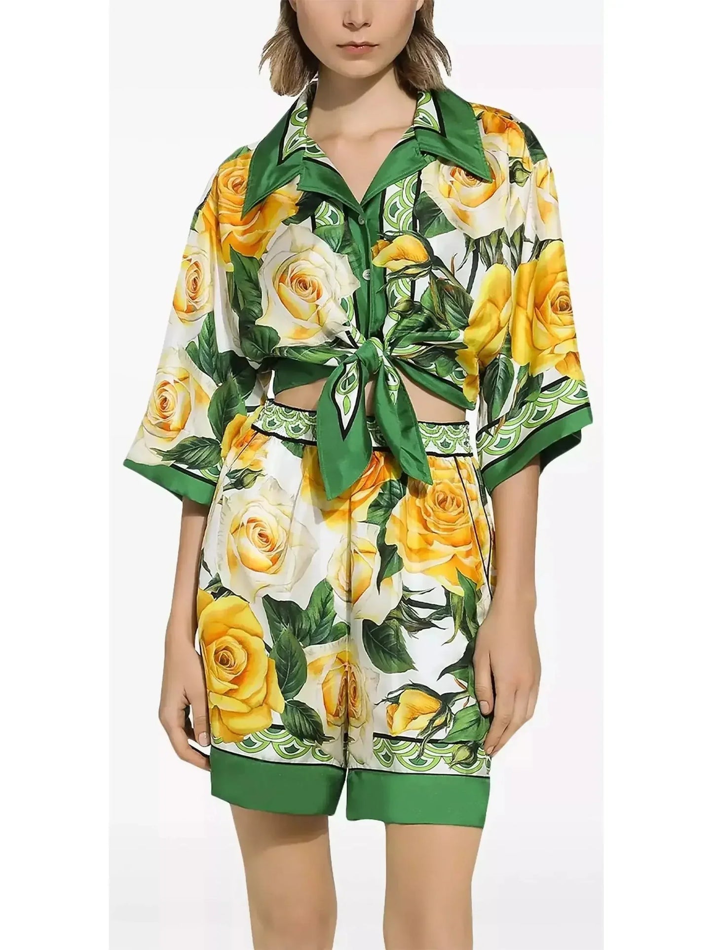 Yellow Rose Printed Silk Short Shirt and Short Set - Suits & Sets