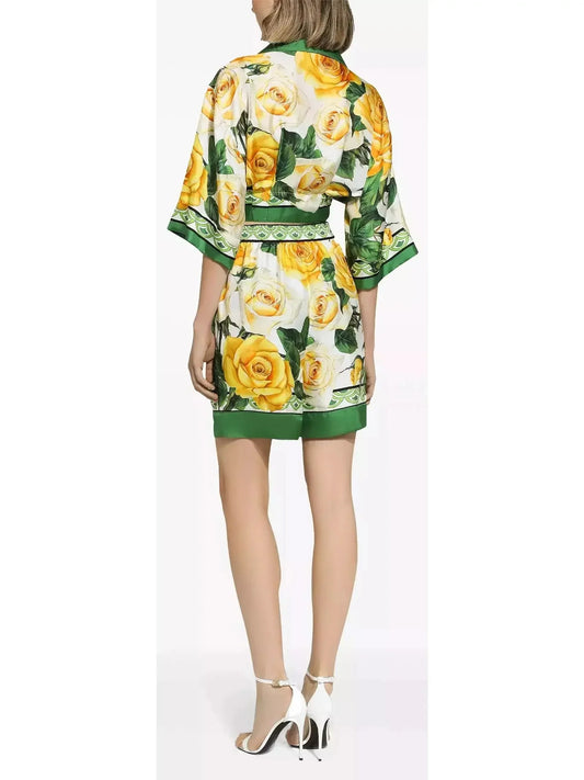 Yellow Rose Printed Silk Short Shirt and Short Set - Suits & Sets