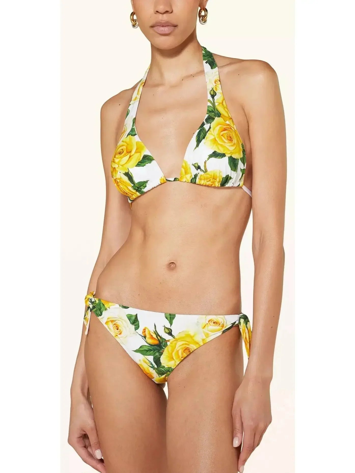 Yellow Rose Printed Triangle Tie Bikini Top and Bottom Set - Suits & Sets