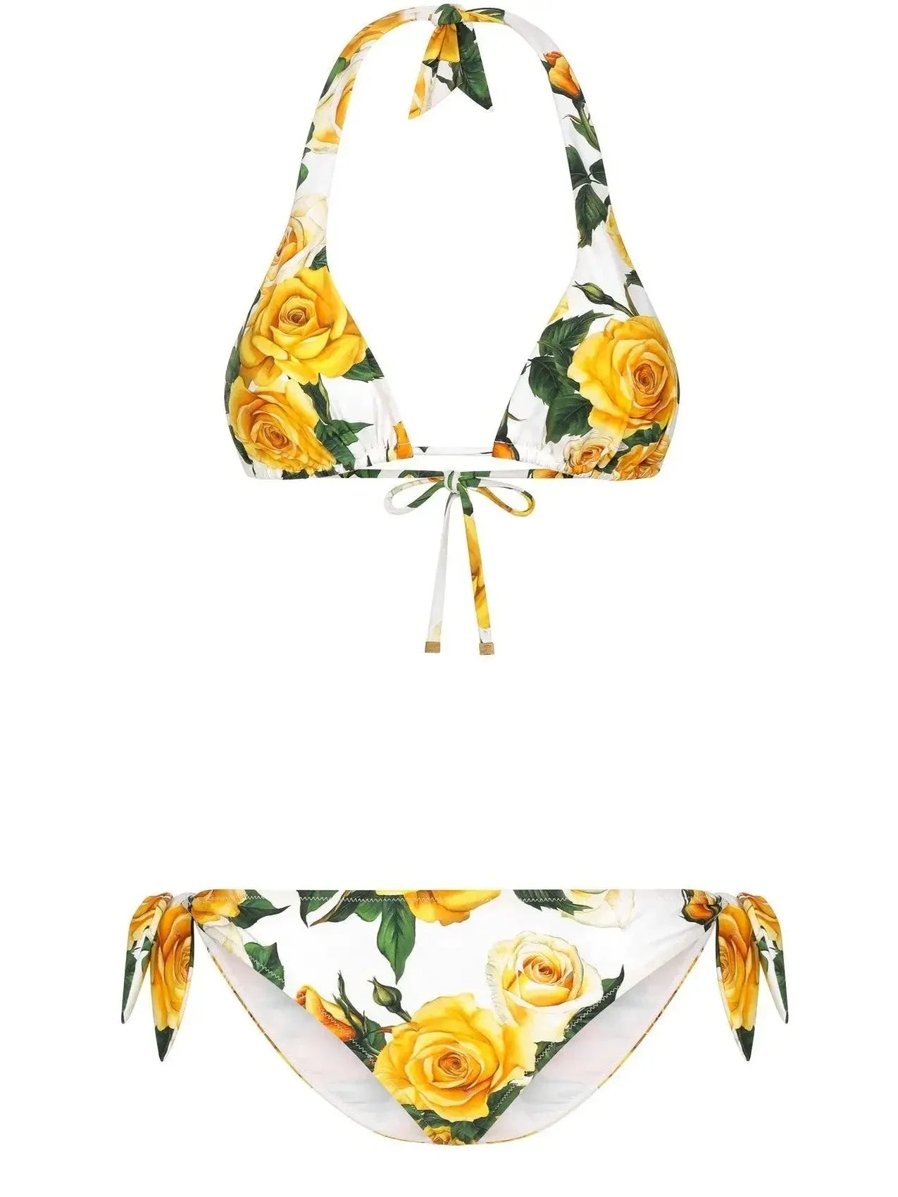Yellow Rose Printed Triangle Tie Bikini Top and Bottom Set - Suits & Sets