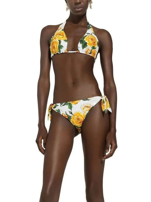 Yellow Rose Printed Triangle Tie Bikini Top and Bottom Set - Suits & Sets