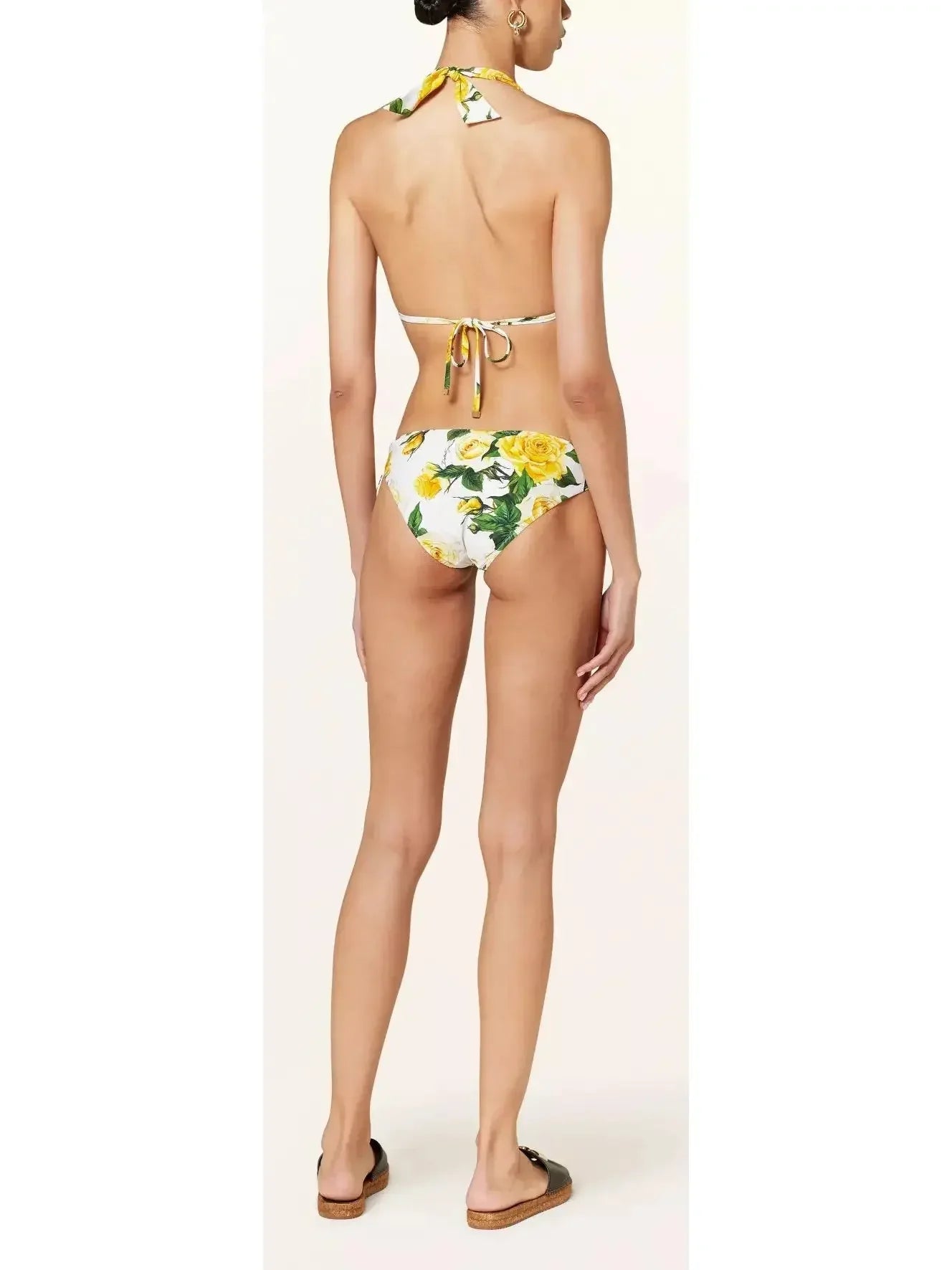 Yellow Rose Printed Triangle Tie Bikini Top and Bottom Set - Suits & Sets