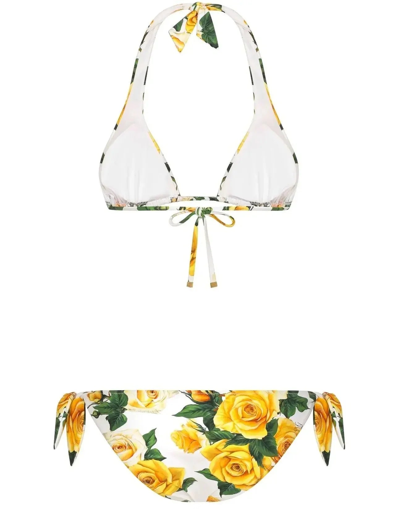 Yellow Rose Printed Triangle Tie Bikini Top and Bottom Set - Suits & Sets