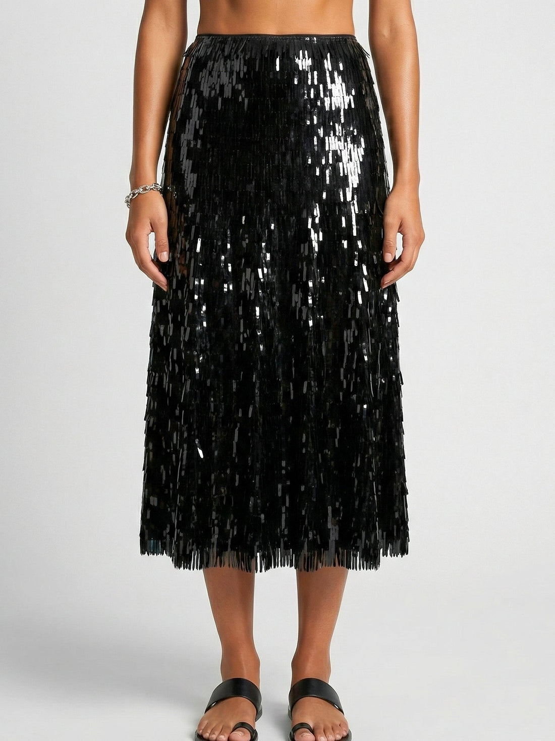 Build an outfit around a statement skirt -black sequin fringe midi skirt