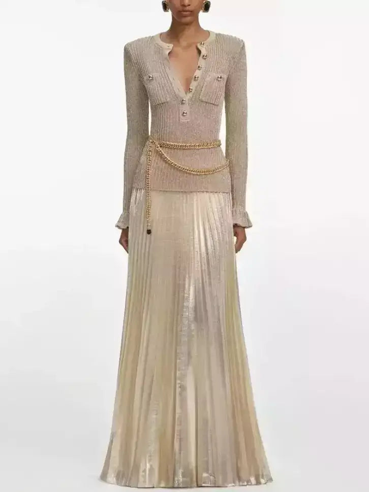 gold ribbed knit lurex maxi dress with chain belt