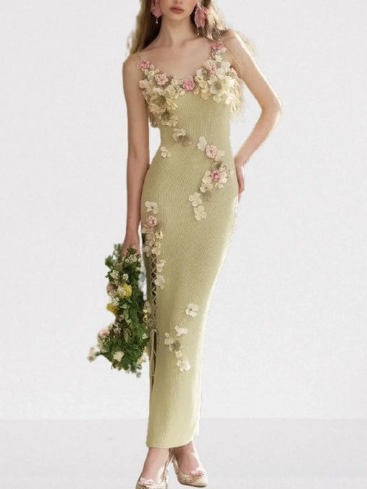 3D Floral-Appliqued Knit Green Tank Dress