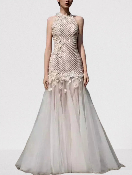 Light ivory halterneck gown with 3D floral appliqués and sequined tulle detailing