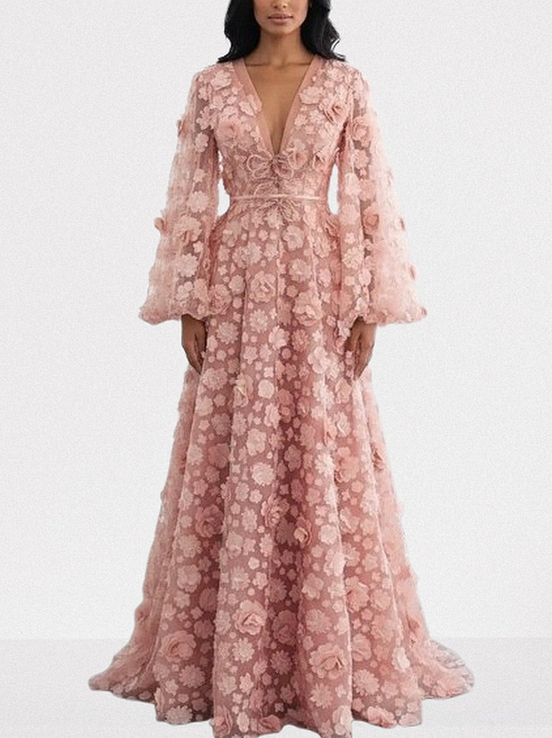 3D Floral Appliqués Blush-Pink Tulle Gown