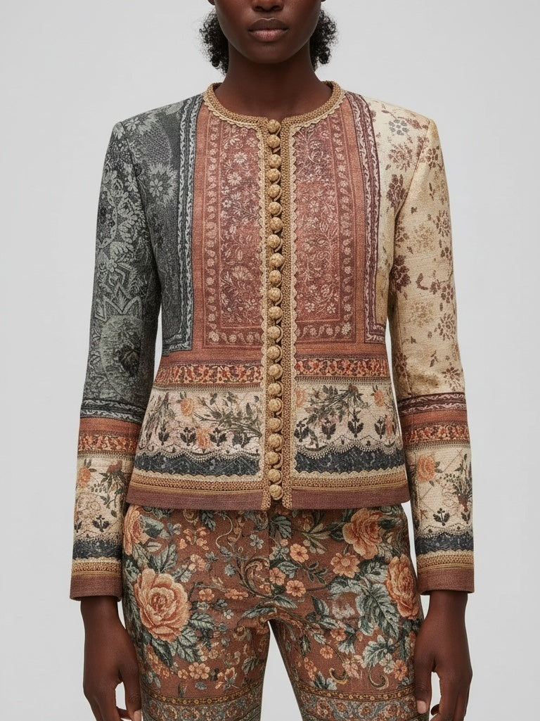 Antique Tapestry-Print Cropped Jacket