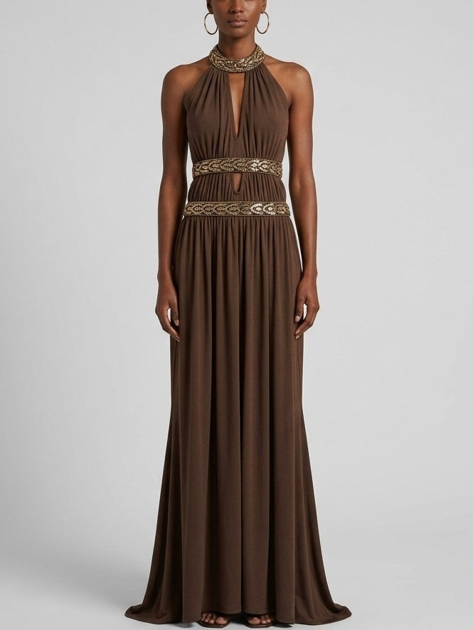 Backless Halter Sequin-Embellished Maxi Dress in Brown
