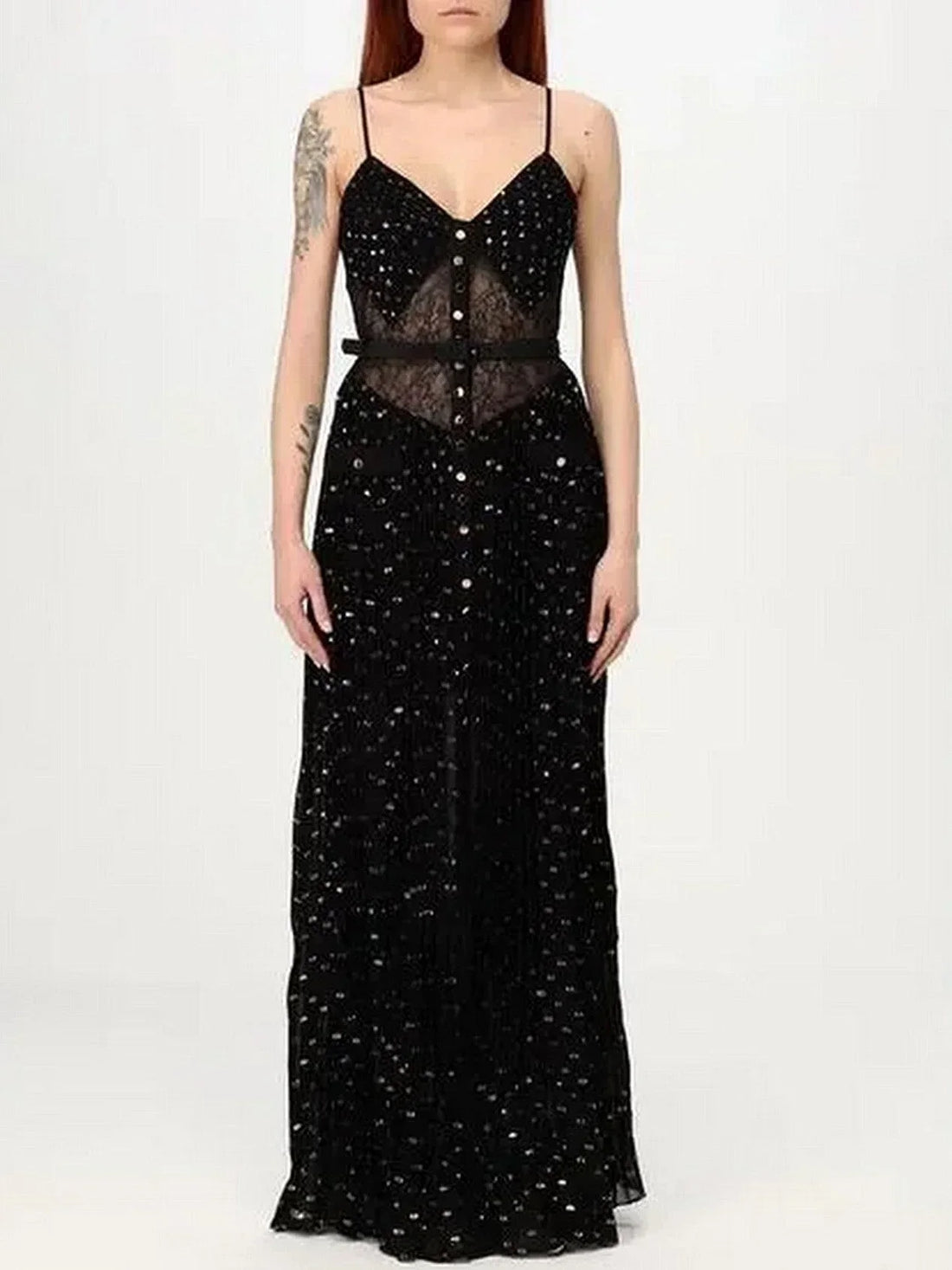 Belted Black Gold-Spotted Chiffon Maxi Dress