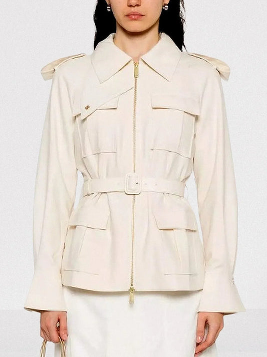 Belted Cream Jacket with Multi Flap Pockets