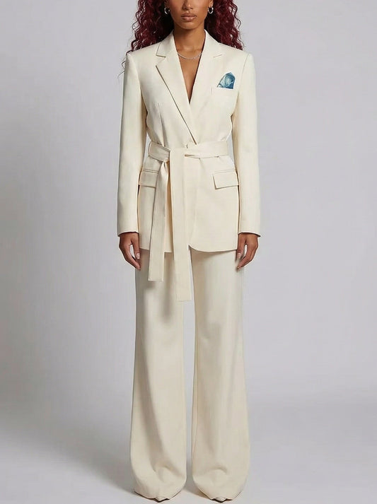 Belted Blazer and Wide-Leg Pant Suit in Cream
