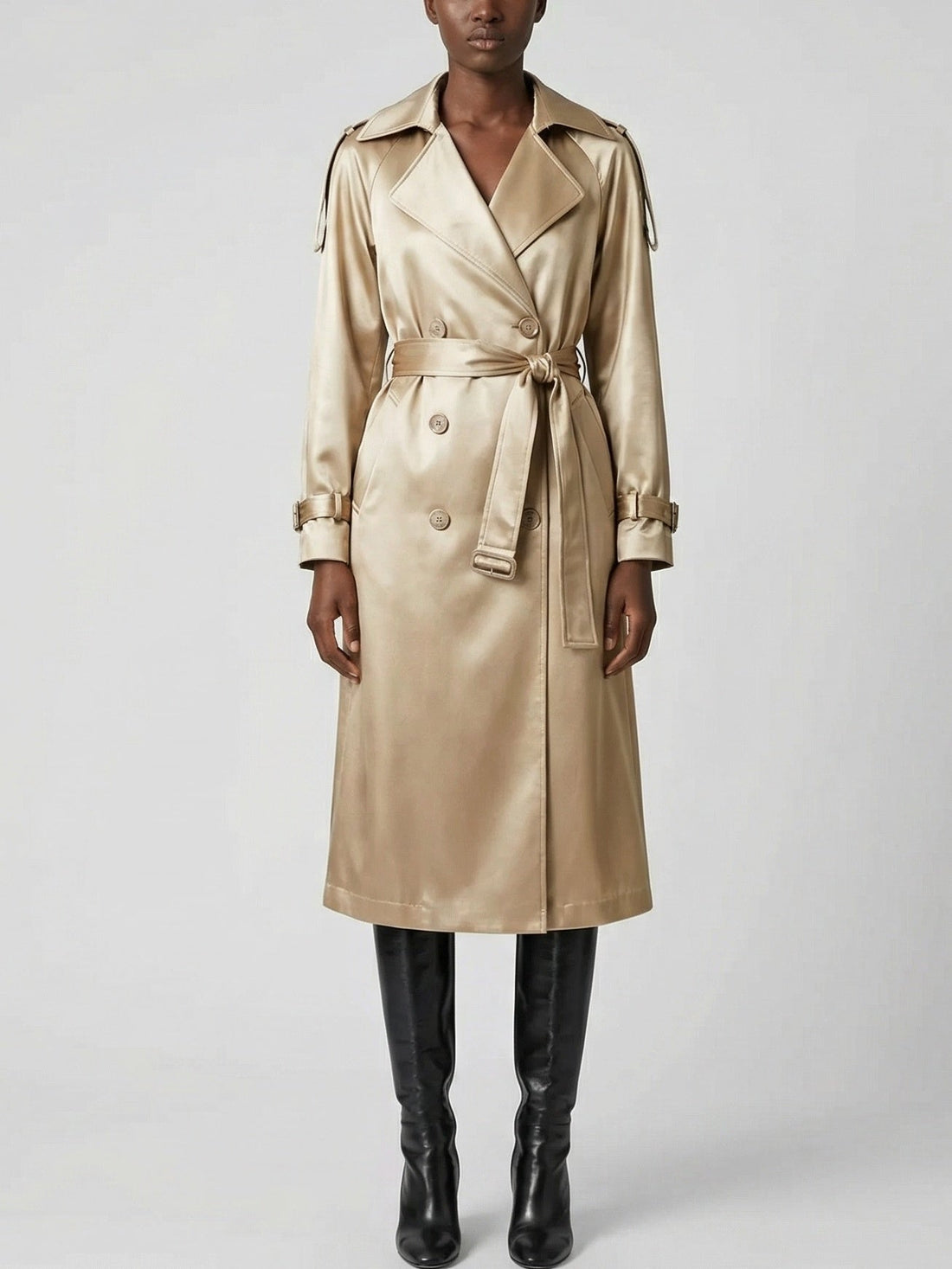 Belted Gold Satin Double-Breasted Trench Coat