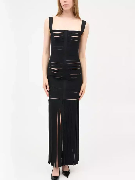 Black Bandage Banded Fringed Maxi Dress