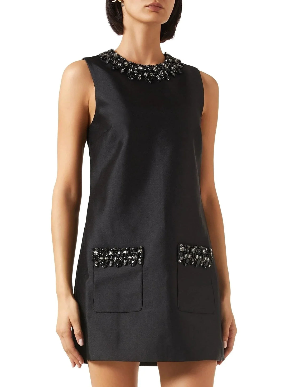 Jewel Embellished Cady Mini Dress in Beige