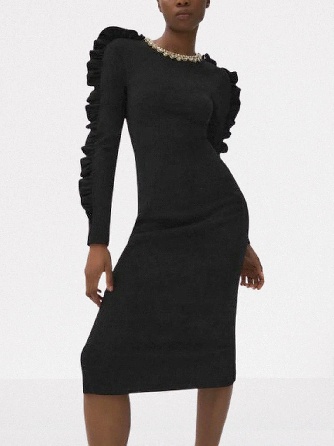 Black Ruffle-Trim Embellished-Collar Midi Dress