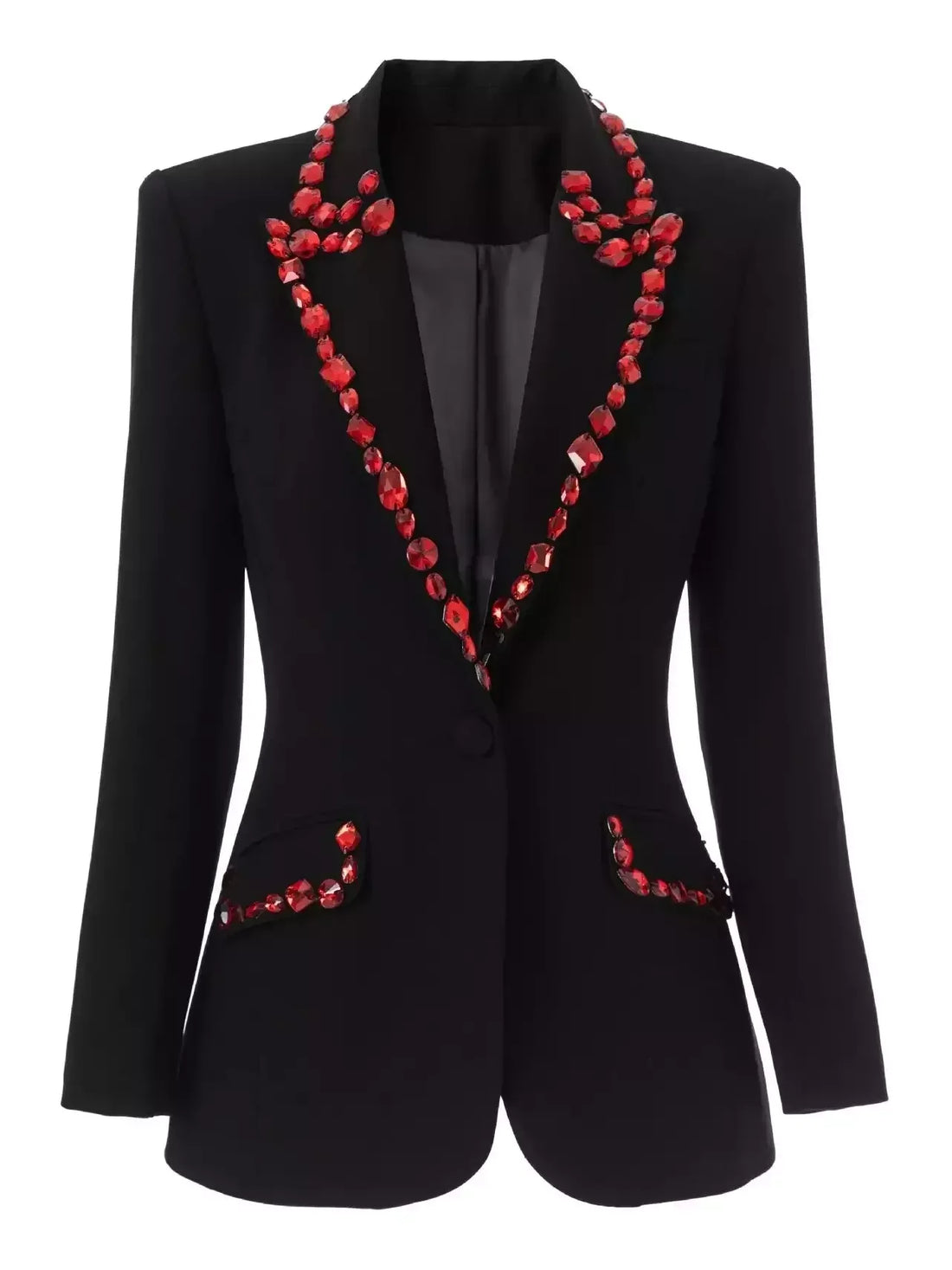 Black Single-Breasted Blazer with Red Jewels
