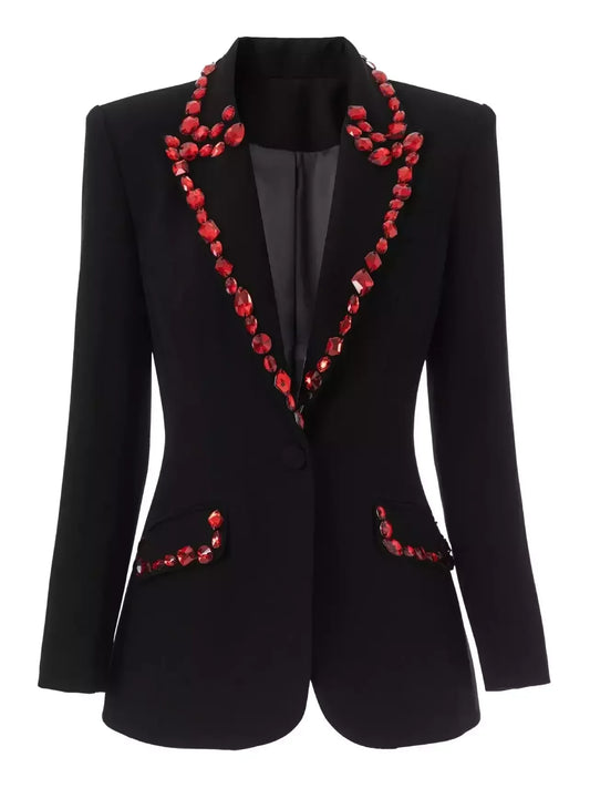 Black Single-Breasted Blazer with Red Jewels