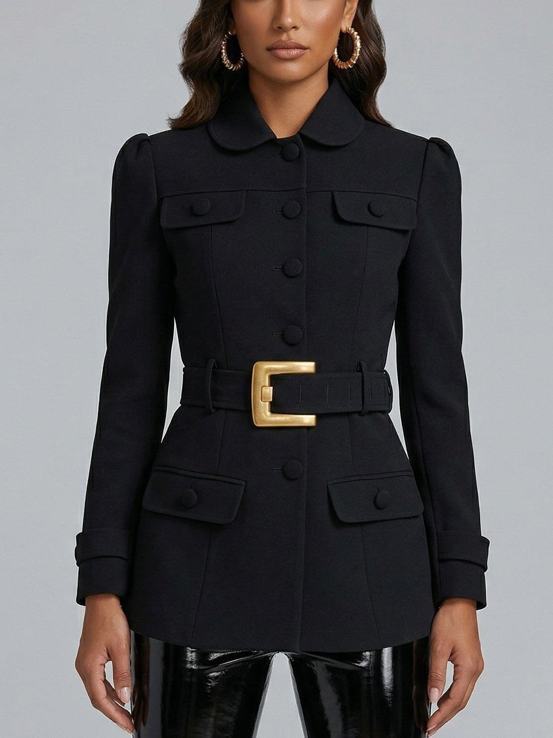 Black Belted Tailored Blazer with Gold Buckle