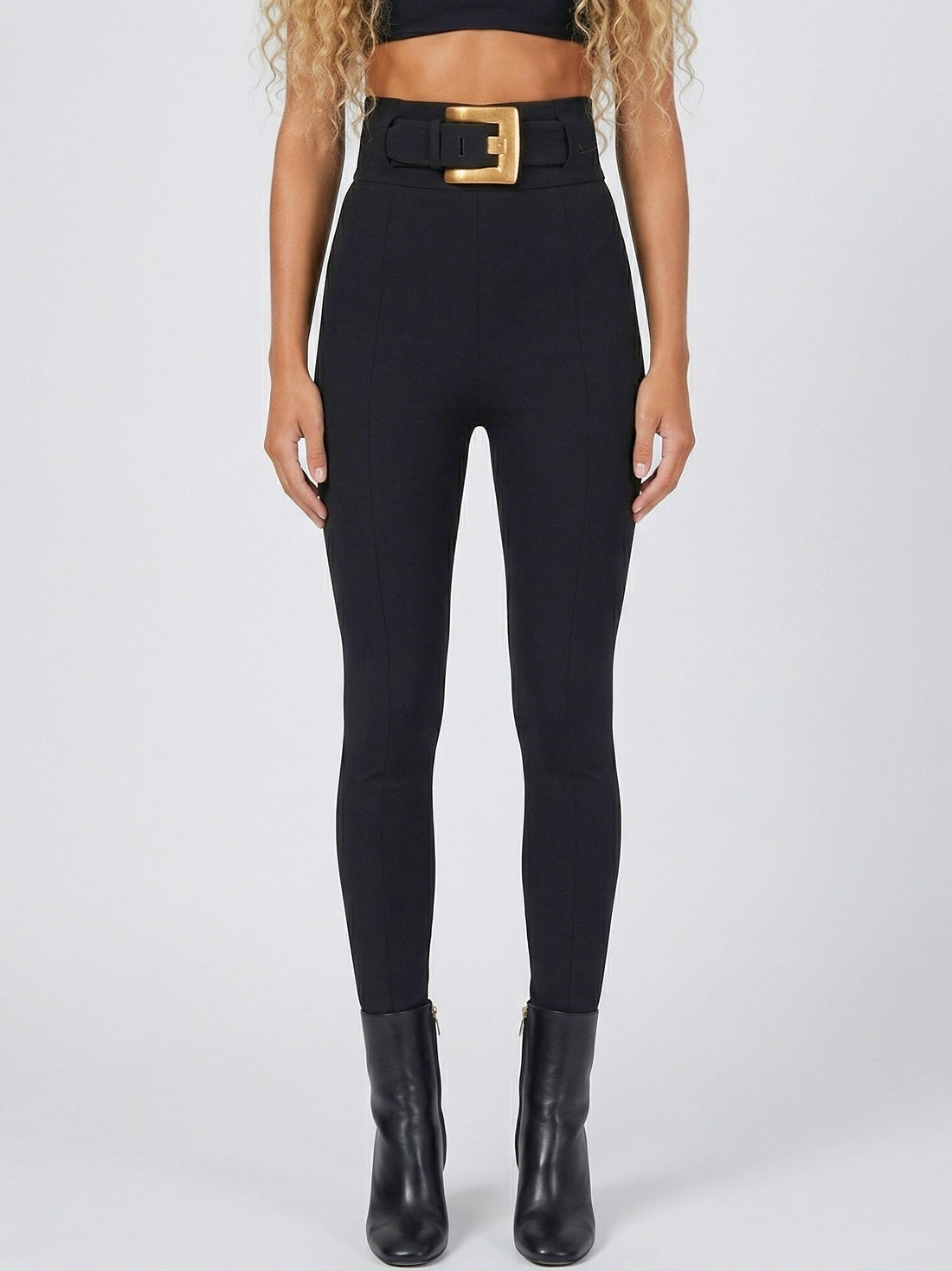 Black High-Waisted Belted Stretch Pants