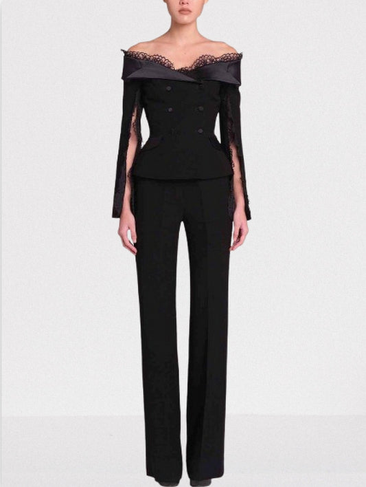 Black Off-Shoulder Jacket and Pant Suit with Lace Trim