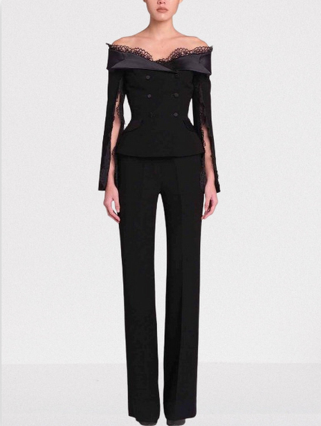 Black Off-Shoulder Jacket and Pant Suit with Lace Trim