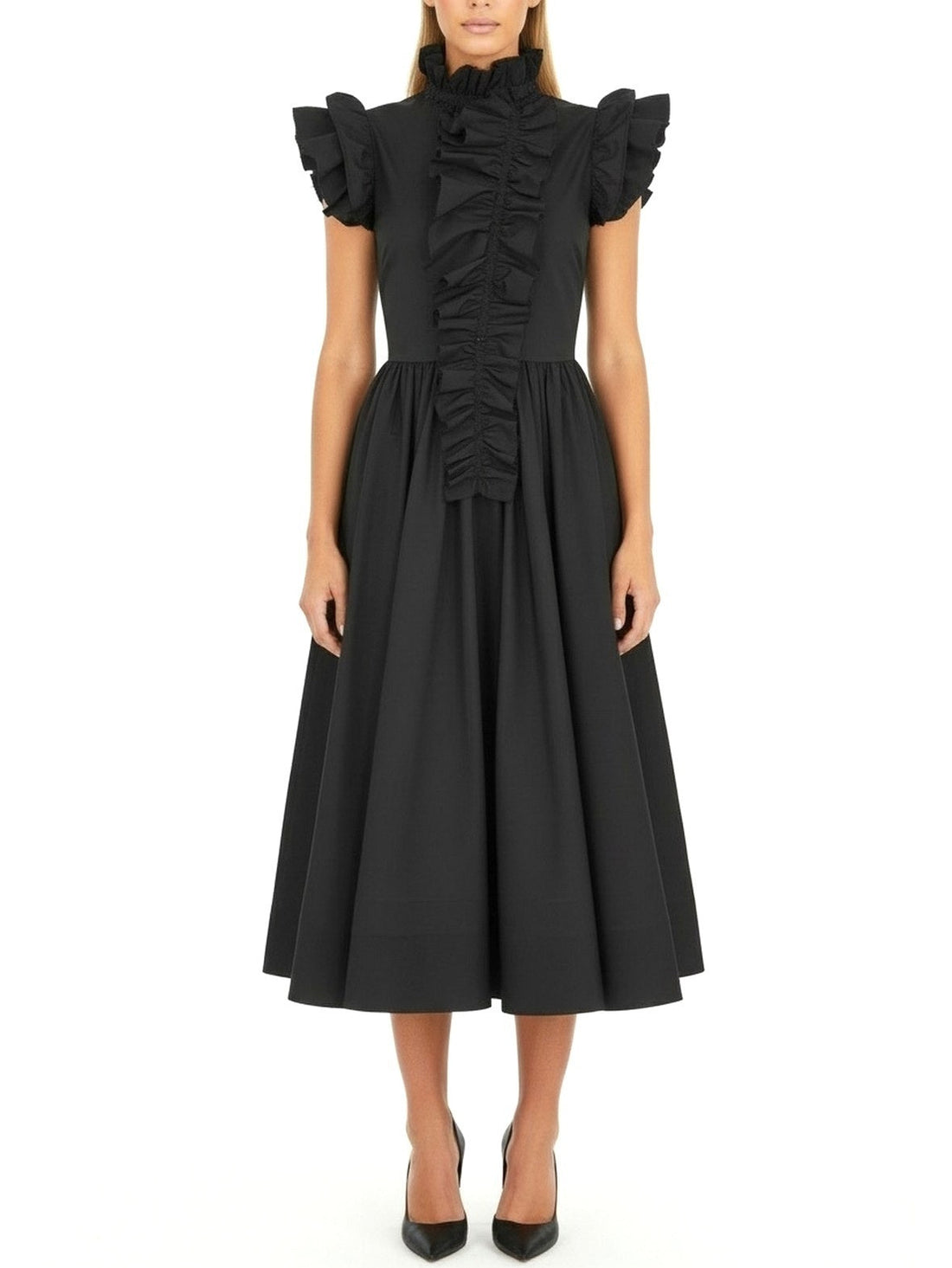 black high neck ruffled midi dress with structured shoulders and full skirt