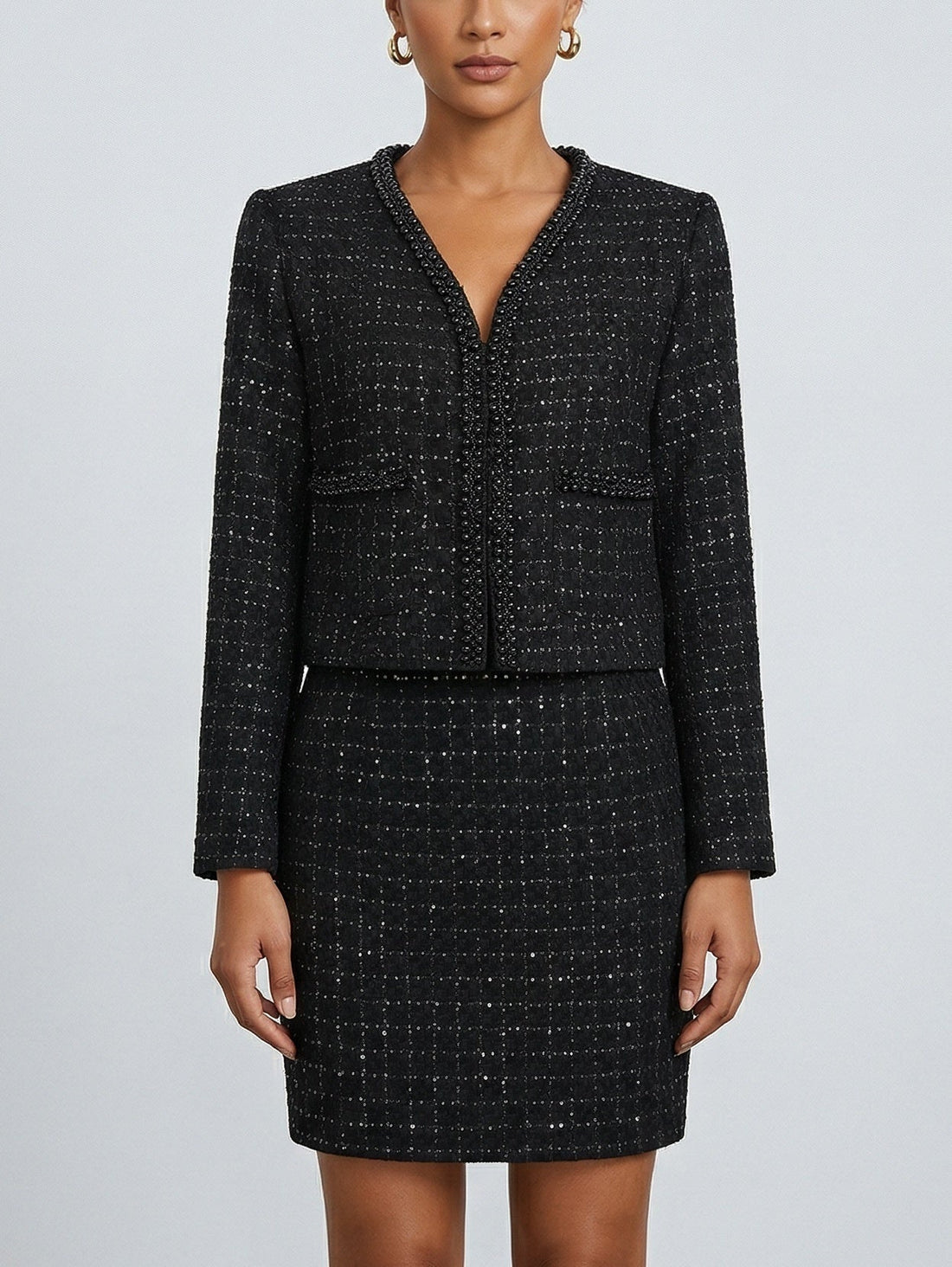 Black Tweed Beaded Jacket and Mini Skirt Set