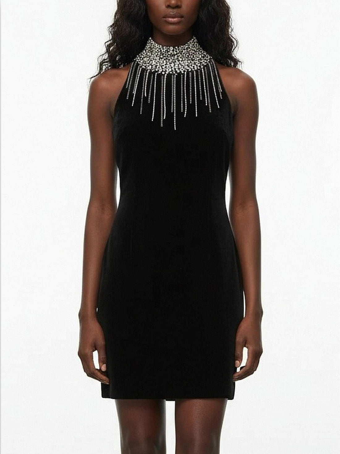 Black Velvet High-Neck Crystal-Fringe Mini Dress