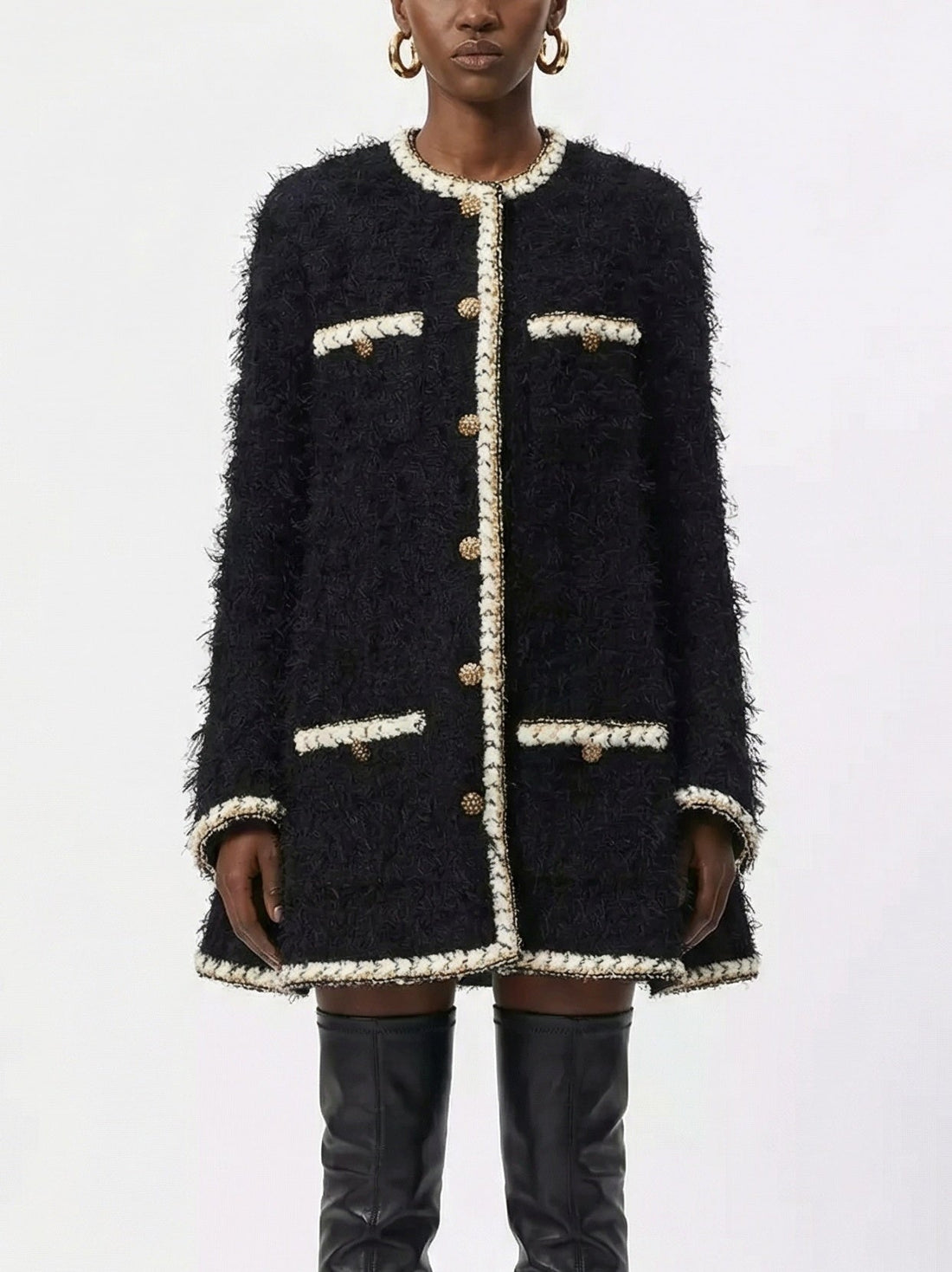 Black Wool-Blend Tweed Coat with Contrasting Trim