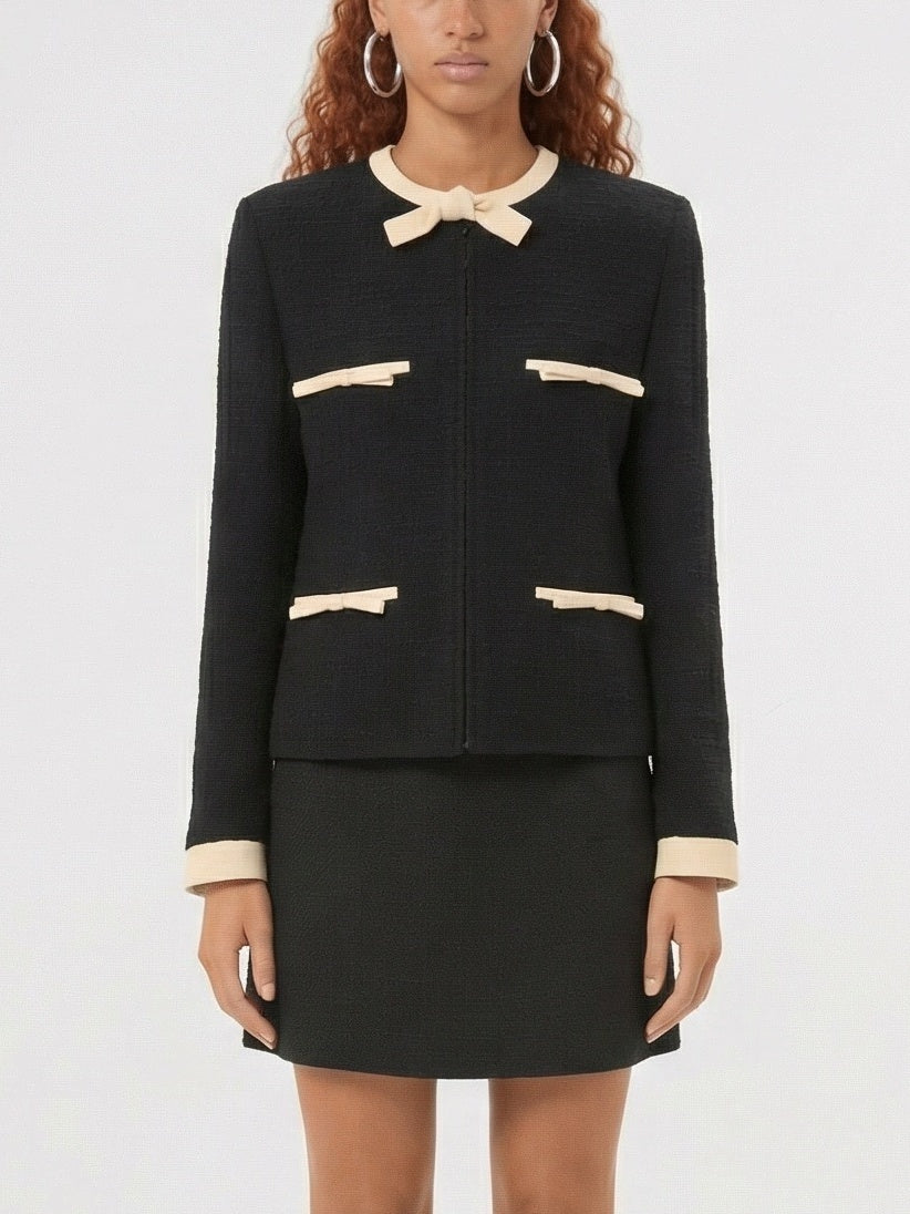 Black Wool Blend Jacket and Skirt Set with Trim