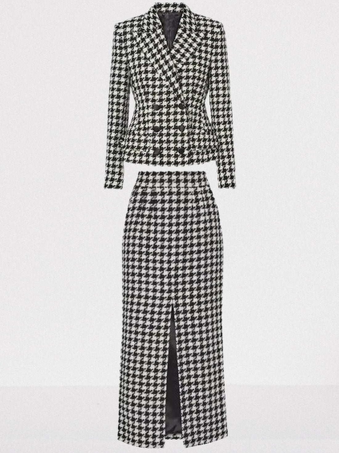 Black and White Houndstooth Tweed Blazer and Skirt Set
