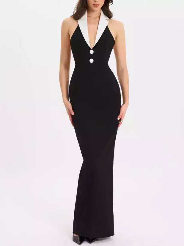 Black and White Sleeveless V-Neck Maxi Dress