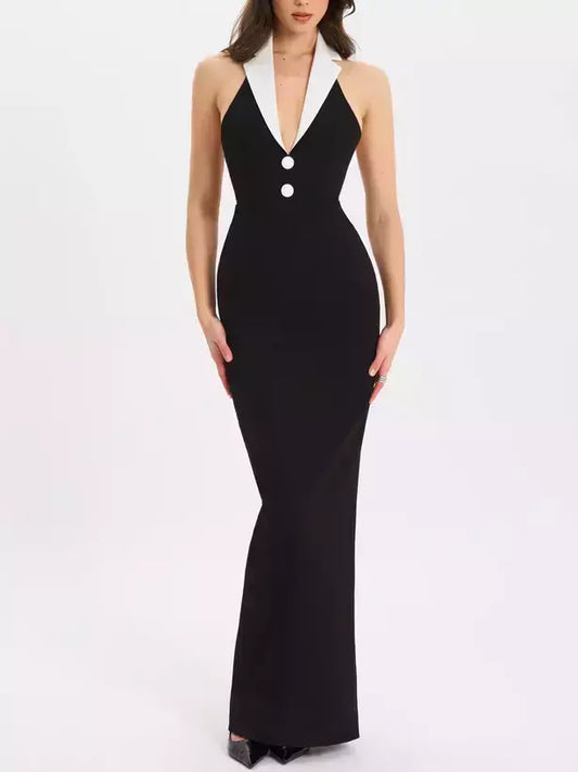 Black and White Sleeveless V-Neck Maxi Dress