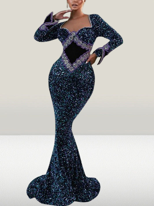 Blue Sequin and Bead Embellished Long Mermaid Gown