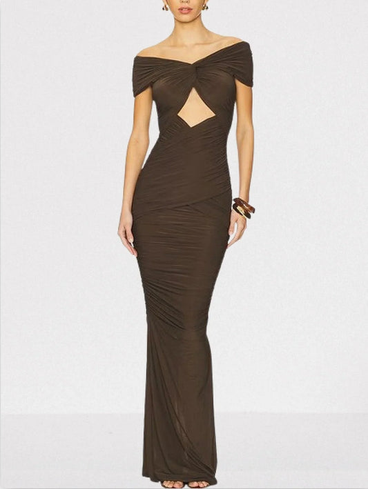 Brown Ruched Jersey Cut-Out Maxi Dress