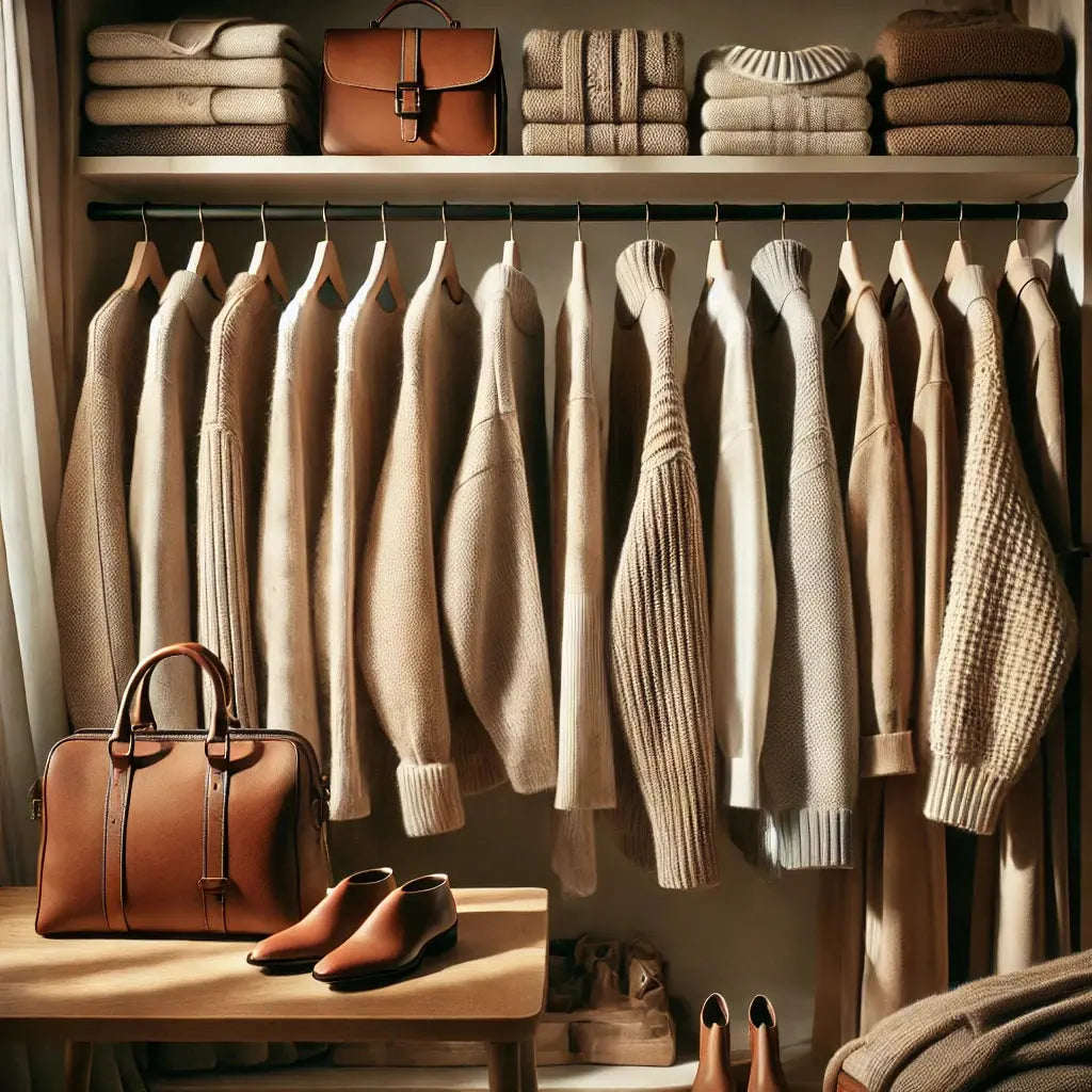 Beige and cream sweaters on a rack, perfect for caring for high-end fashion timeless pieces.