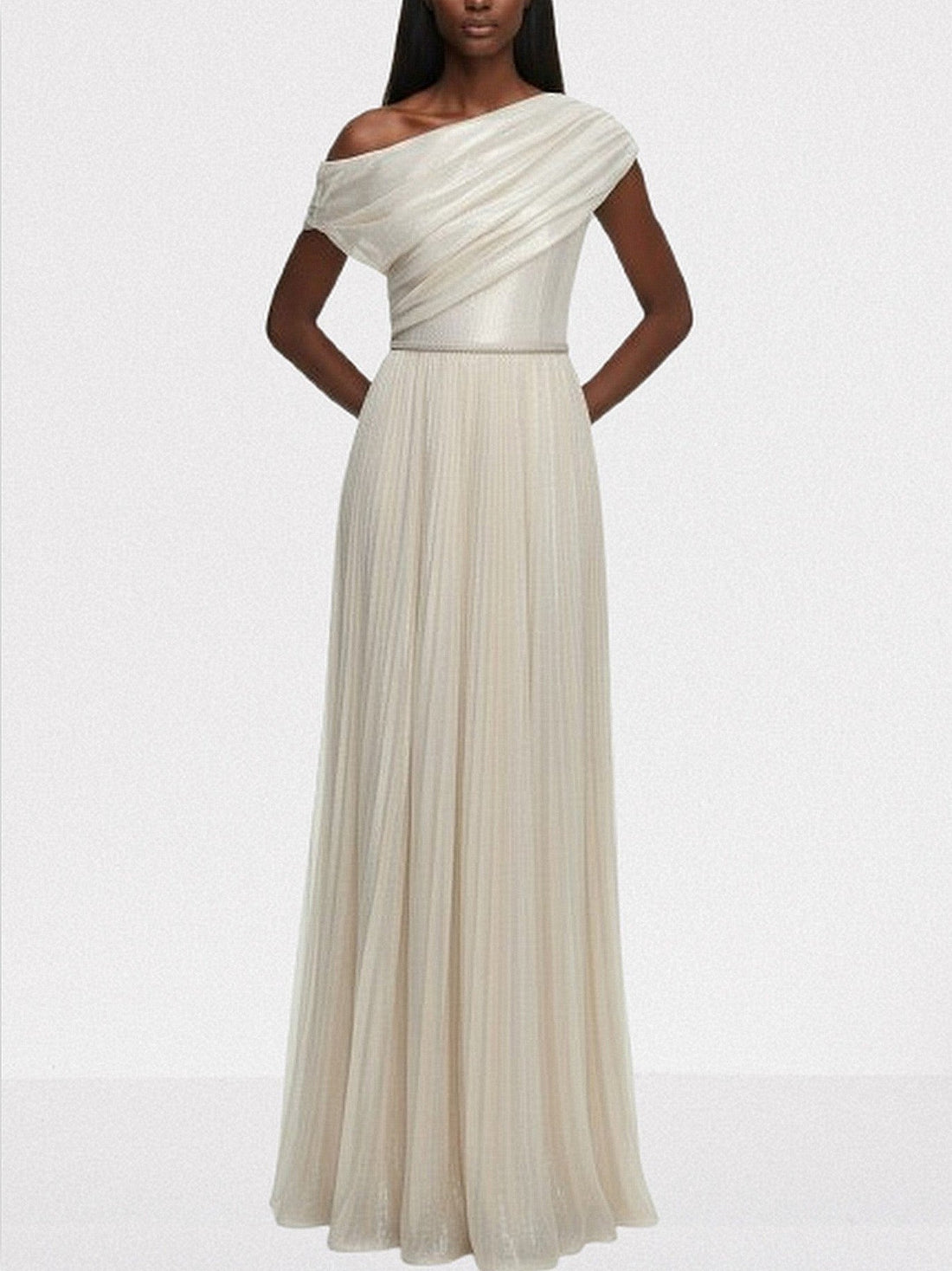 Champagne One-Shoulder Metallic Pleated Evening Gown