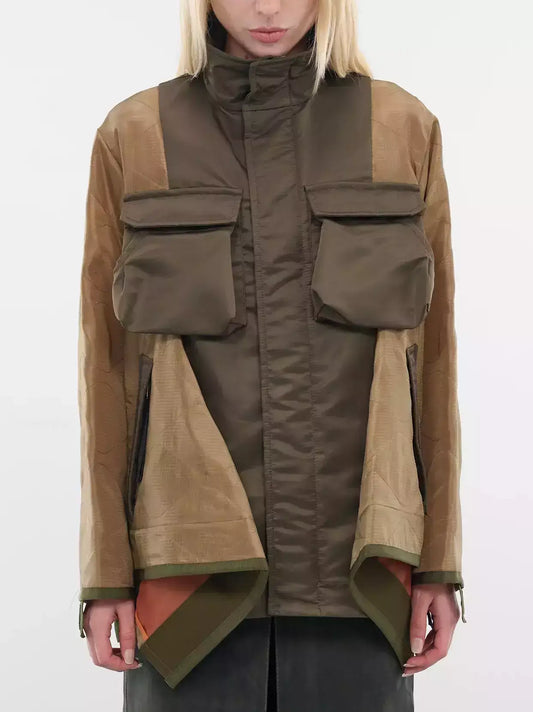 Eyelet Satin Short-Sleeve Dress in Navy Blue