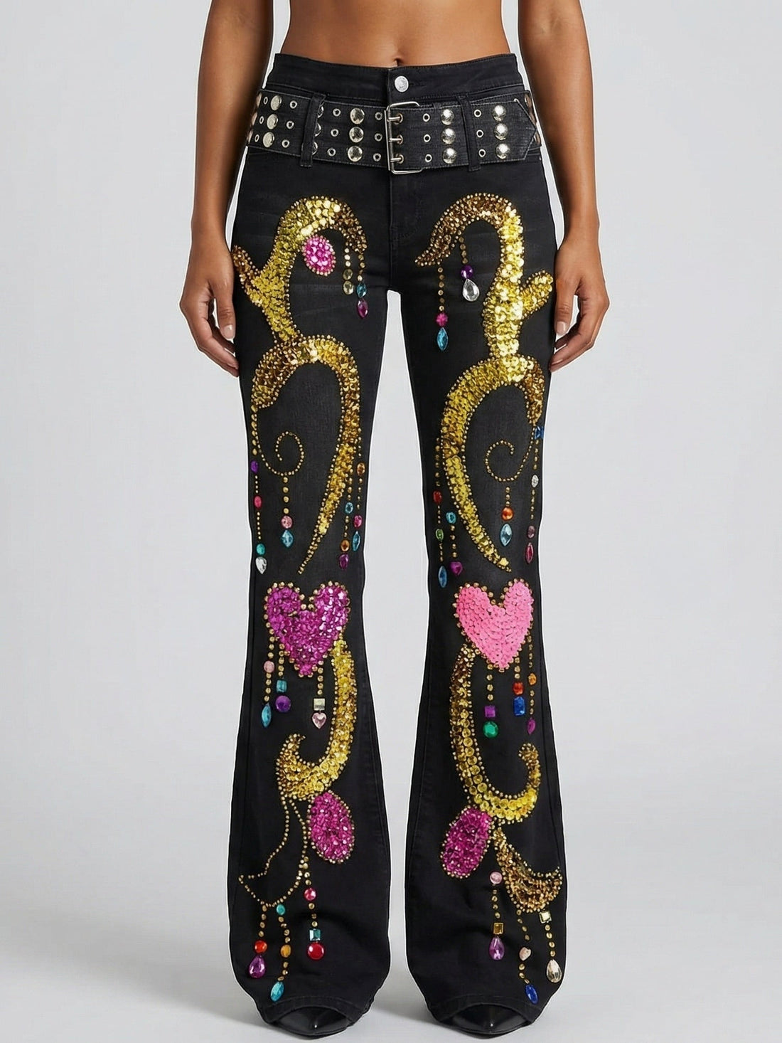 Crystal-Embellished Black Flared Jeans with Studded Belt
