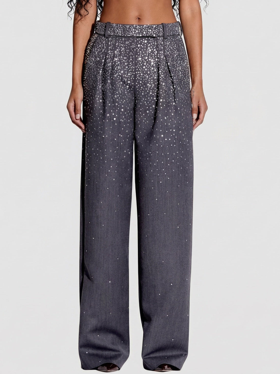 Crystal-Embellished Charcoal Gray Dress Pants