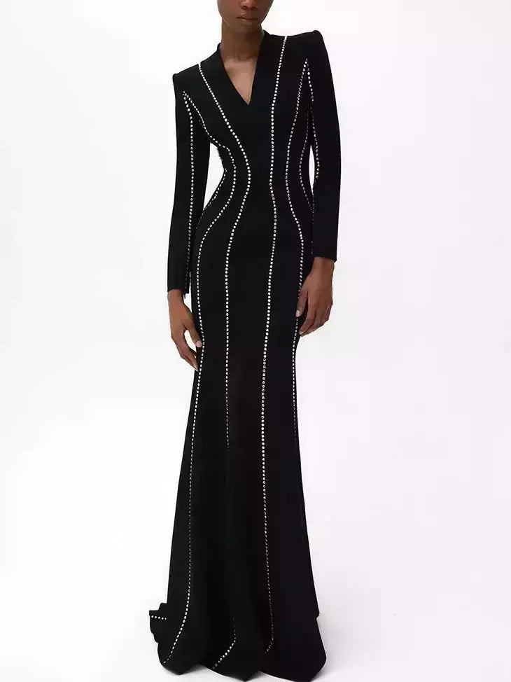 Long Black Crystal-Embellished V-Neck Gown