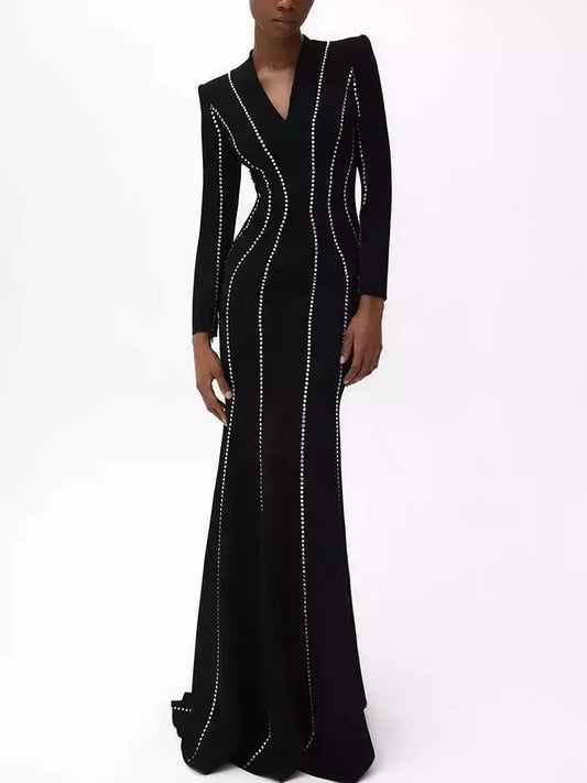 Long Black Crystal-Embellished V-Neck Gown
