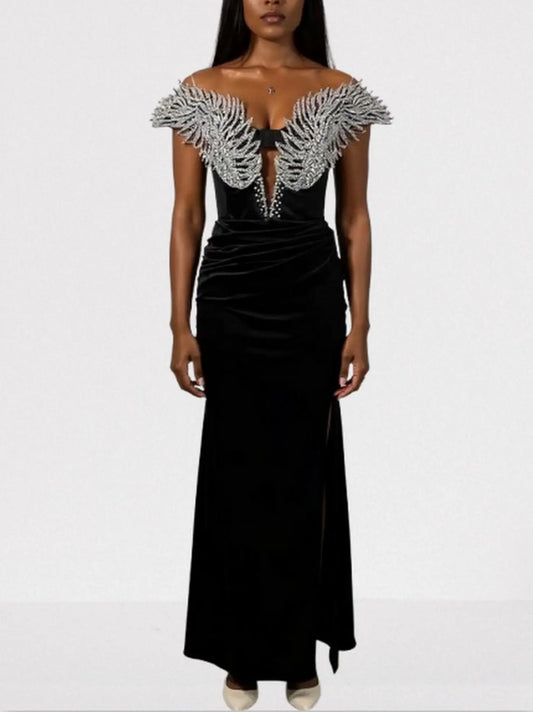 Black Sleeveless Lace and Gathered Detail Maxi Dress