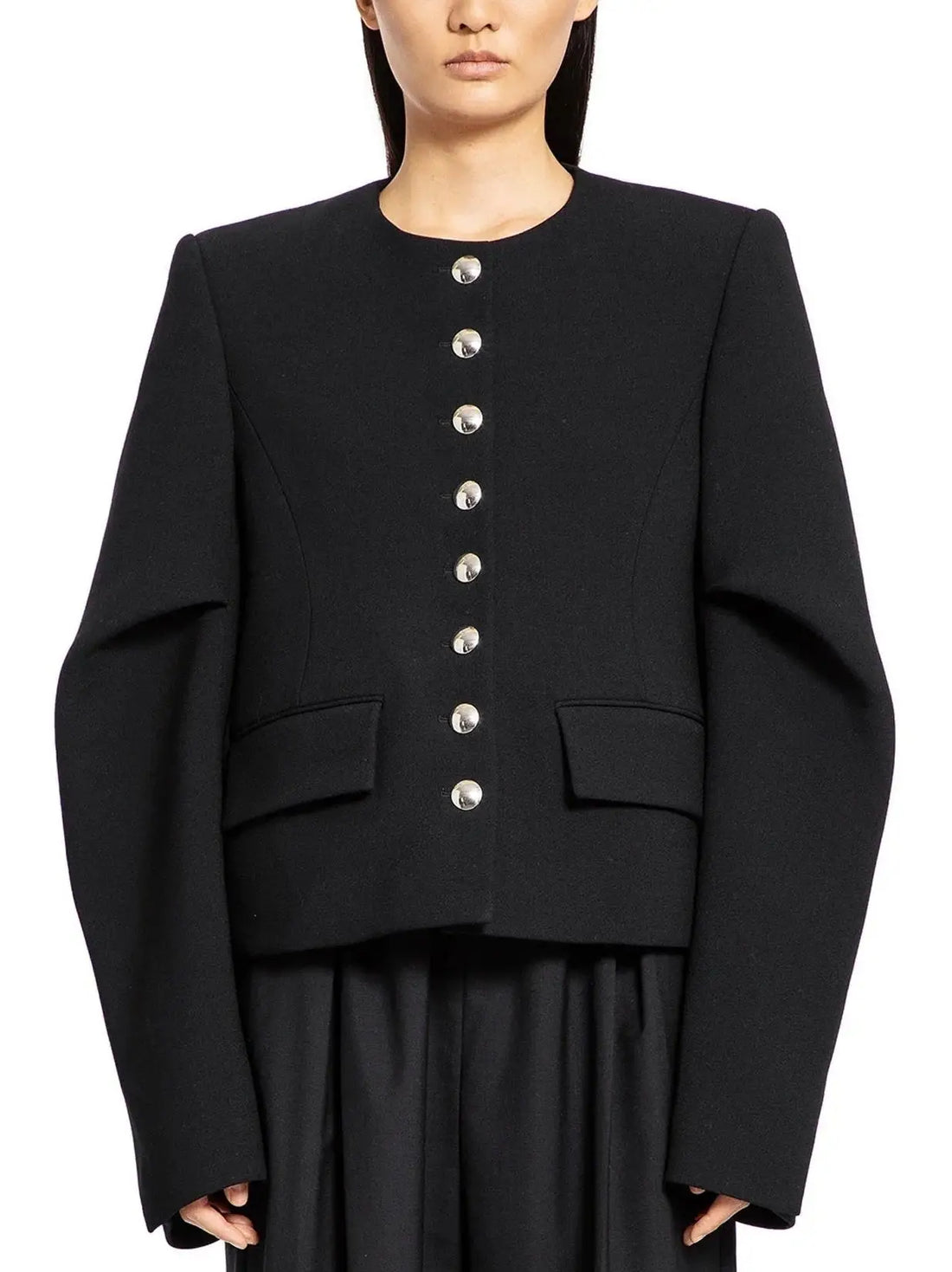 Draped-Sleeve Chrome-Button-Front Black Jacket