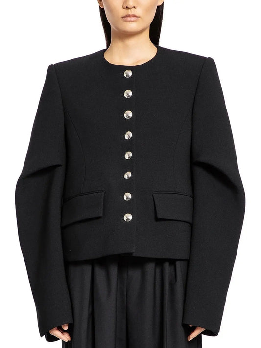 Draped-Sleeve Chrome-Button-Front Black Jacket