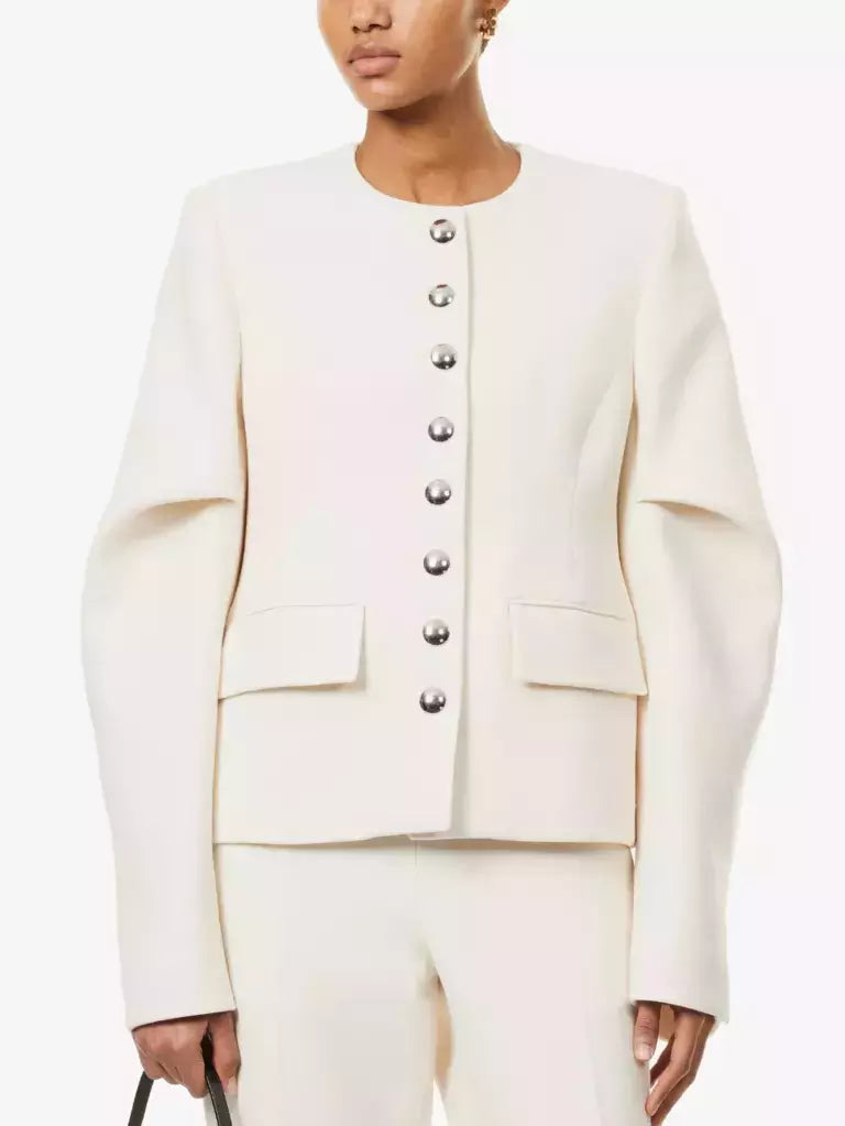 Draped-Sleeve Chrome-Button-Front Jacket in Ivory