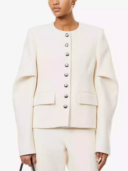 Draped-Sleeve Chrome-Button-Front Jacket in Ivory