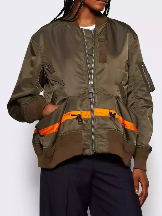 Drawstring Twill Bomber Jacket with Contrast Stripe